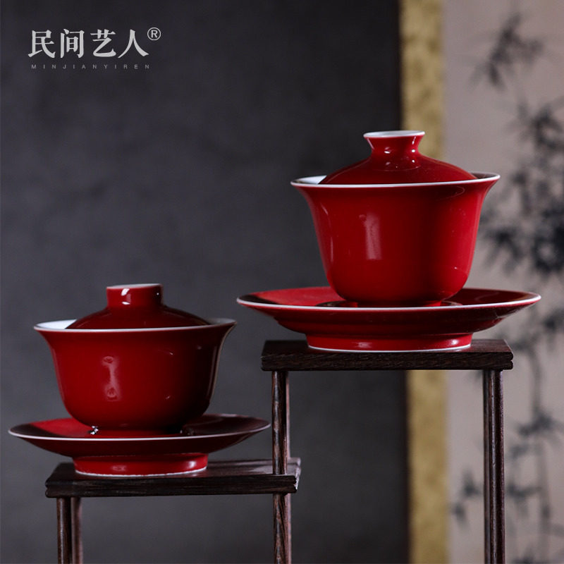 Jihong Covered Bowl Jingdezhen Ceramic Handmade Sancai Cup Not Hot Kung Fu Tea Set Large Tea Maker Hand Grab Bowl