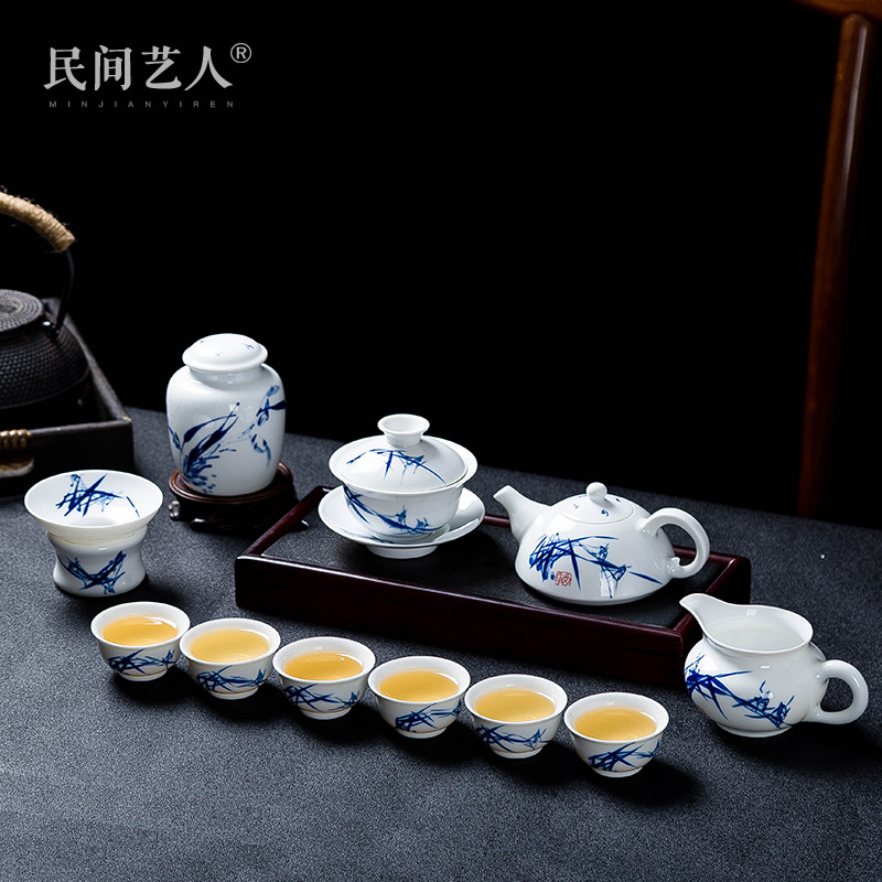 Folk artist hand-painted bucket color green flower porcelain set tea set Jingdezhen Ceramic home Chinese style suit tea cup lid bowl