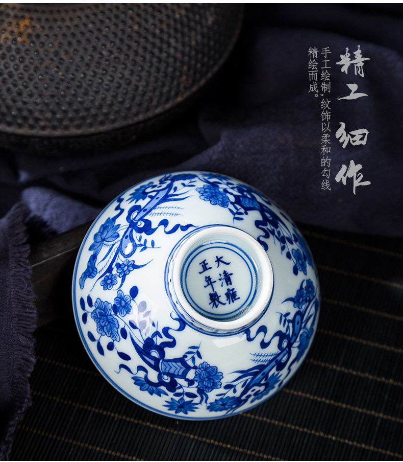 Jingdezhen ceramic hand - made master cup antique blue and white flower sample tea cup single phase treasure cup all hand small bowl