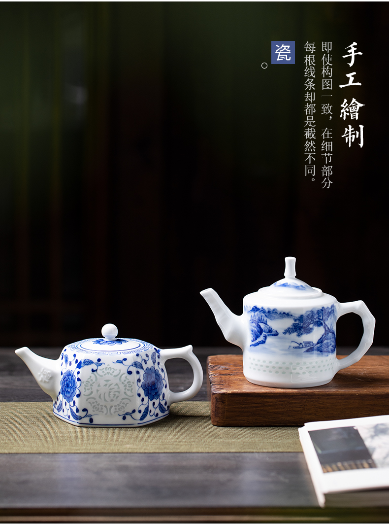 Jingdezhen blue and white and exquisite hand - made exquisite ceramic teapot kung fu tea tea, large - capacity single pot teapot