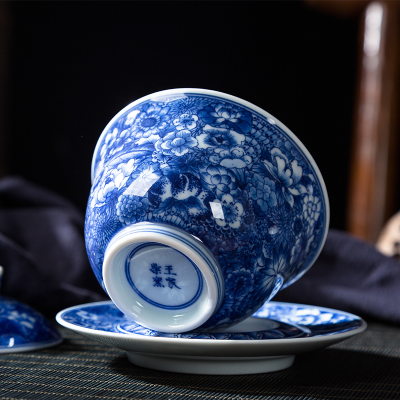 Pure manual hand - made flower tureen of jingdezhen blue and white only three bowl of large ceramic kung fu tea set to tea cups