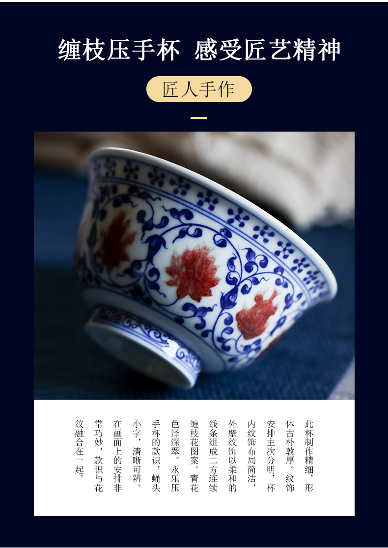 Blue youligong spends pressure hand of jingdezhen pure manual master cup kung fu teacups hand - made ceramic bowl