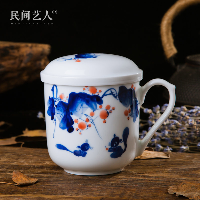Jingdezhen ceramic tea cup with filter liner hand-painted blue and white office meeting single cup large tea set cup