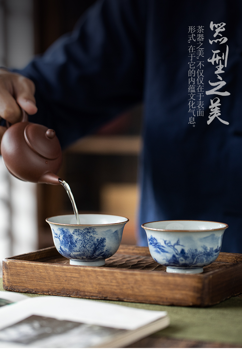 Jingdezhen ceramic mud hand - made landscape master cup single CPU antique hand cup open piece of kung fu tea bowl for