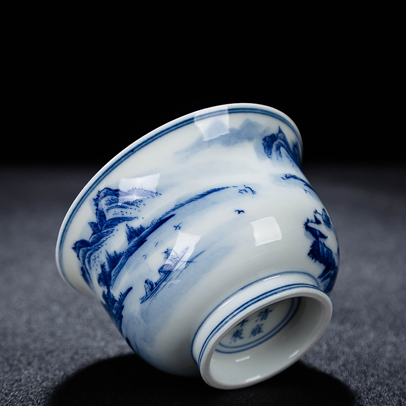 Jingdezhen blue and white landscape kung fu tea set sample tea cup pure manual hand - made ceramic personal single CPU master cup tea cups