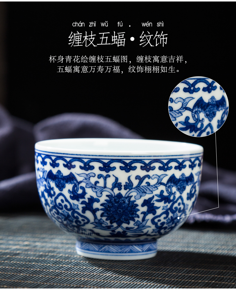 Jingdezhen ceramic cups kung fu tea bowl sample tea cup single cup tie up branch lotus wufu figure blue master CPU