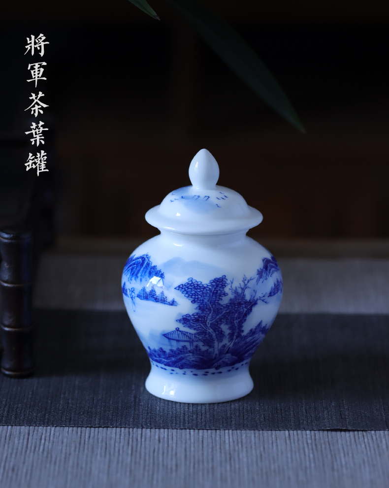 Jingdezhen blue and white landscape hand - made Chinese style restoring ancient ways seal save tea caddy fixings size box of tea