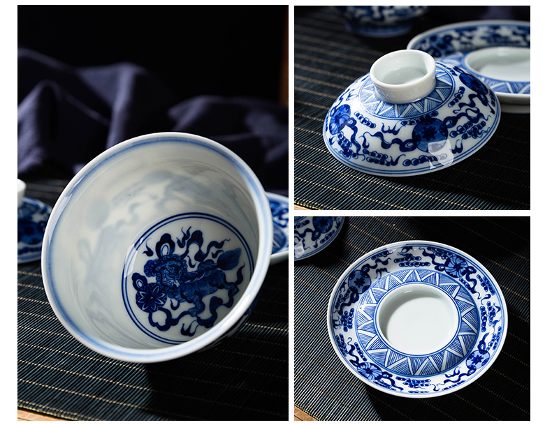 Jingdezhen checking ceramic tureen large kung fu tea tea, blue three worship cup heavy industry to use