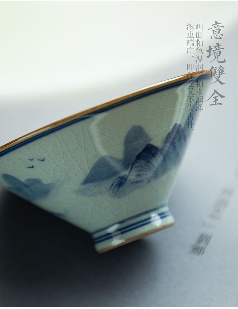 Jingdezhen blue and white landscape ceramic seven poems perfectly playable cup bowl of tea master cup single cup clay cup with triangle flowers pattern circle kunfu tea