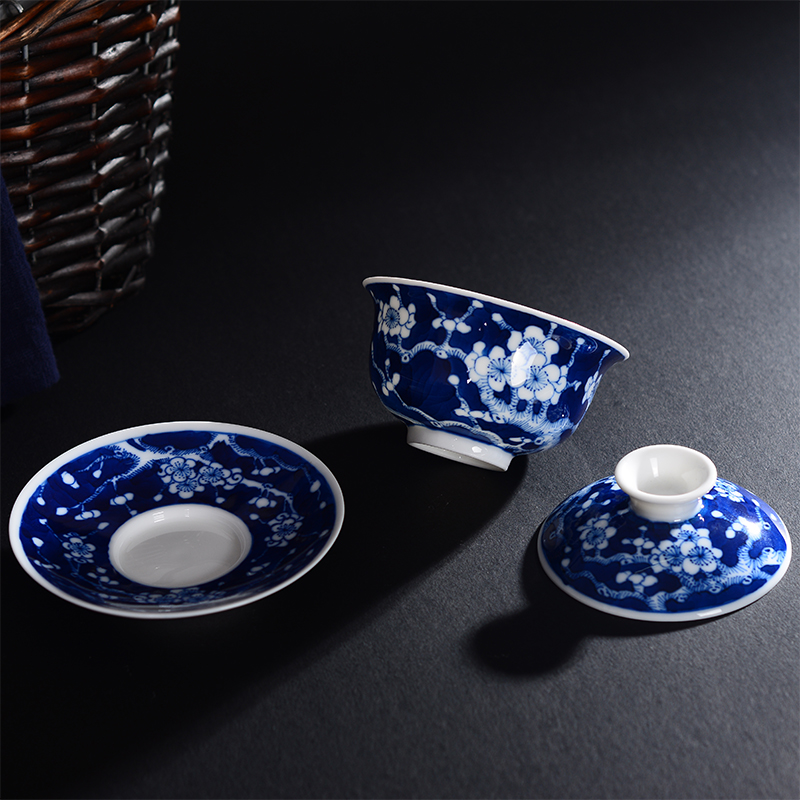 Jingdezhen hand - made ceramic three tureen manual only worship of blue and white porcelain teacup hand grasp kimchi bowl bowl of kung fu tea set