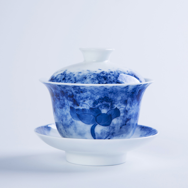 Large kung fu tureen hand - made porcelain lotus tea cup under the jingdezhen ceramic glaze color high capacity thickening bowl