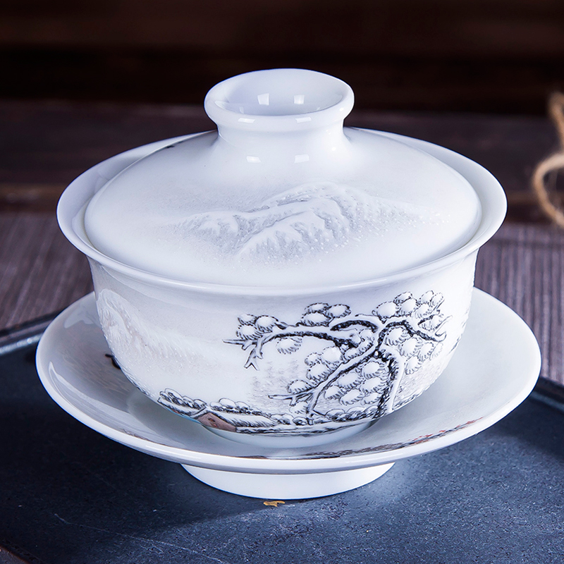 Jingdezhen tureen hand - made ceramic tea set manually pastel snow only three bowl of kung fu tubas catch a bowl of tea cups