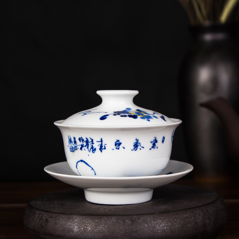 Manual hand - made wisteria birds tureen tea jingdezhen blue and white ceramics kung fu tea set three bowl of tea bowl