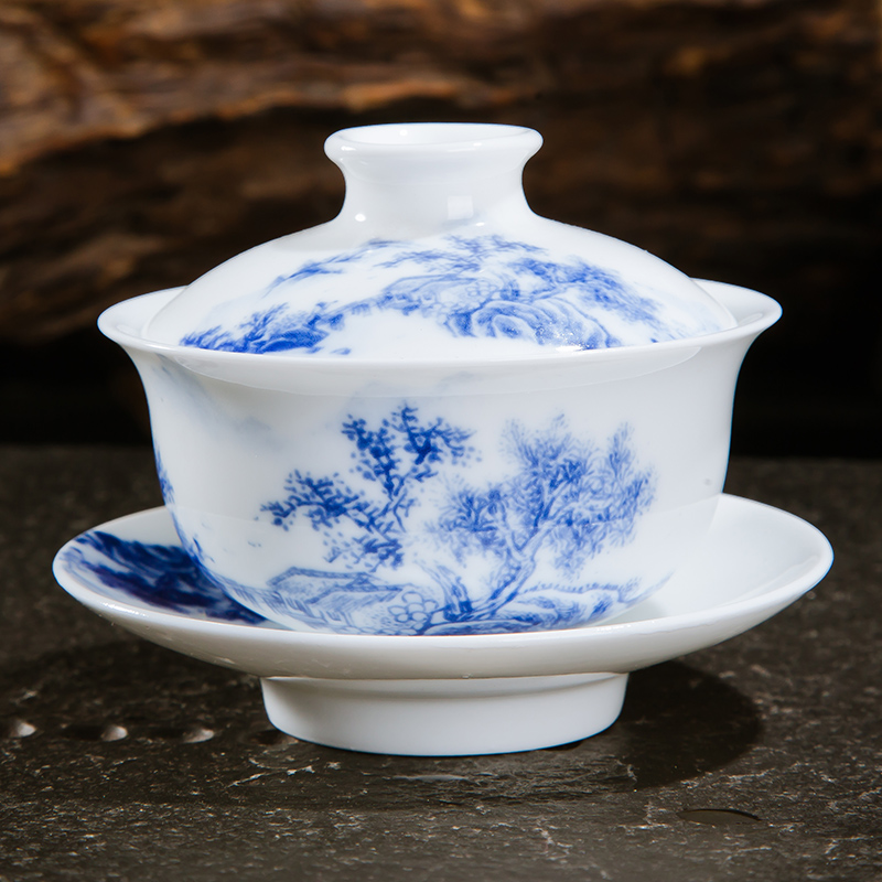 Jingdezhen ceramic tureen kung fu tea tea cups three bowl of blue and white worship hand grasp bowl is small cups