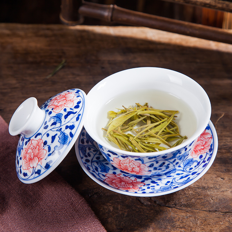 Jingdezhen ceramic hand - made porcelain youligong red peony tureen manual worship tureen tea bowl three cups to use