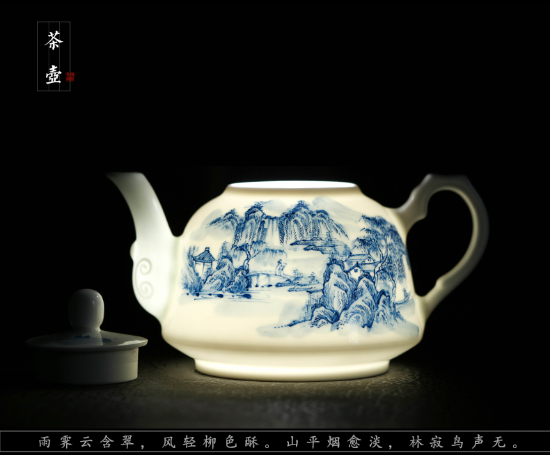 Jingdezhen hand - made fair under the glaze color kung fu tea cups ceramic teapot household blue and white tea tea set is a gift