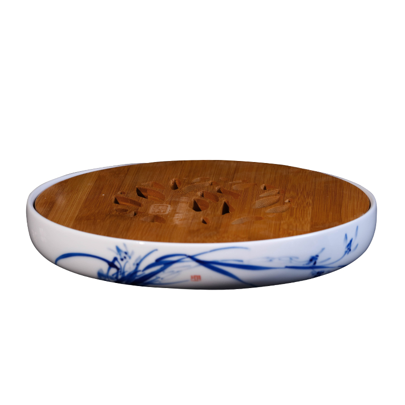 Jingdezhen ceramic hand - made clivia kung fu tea set ground parts embedded real wood tray ceramic disk