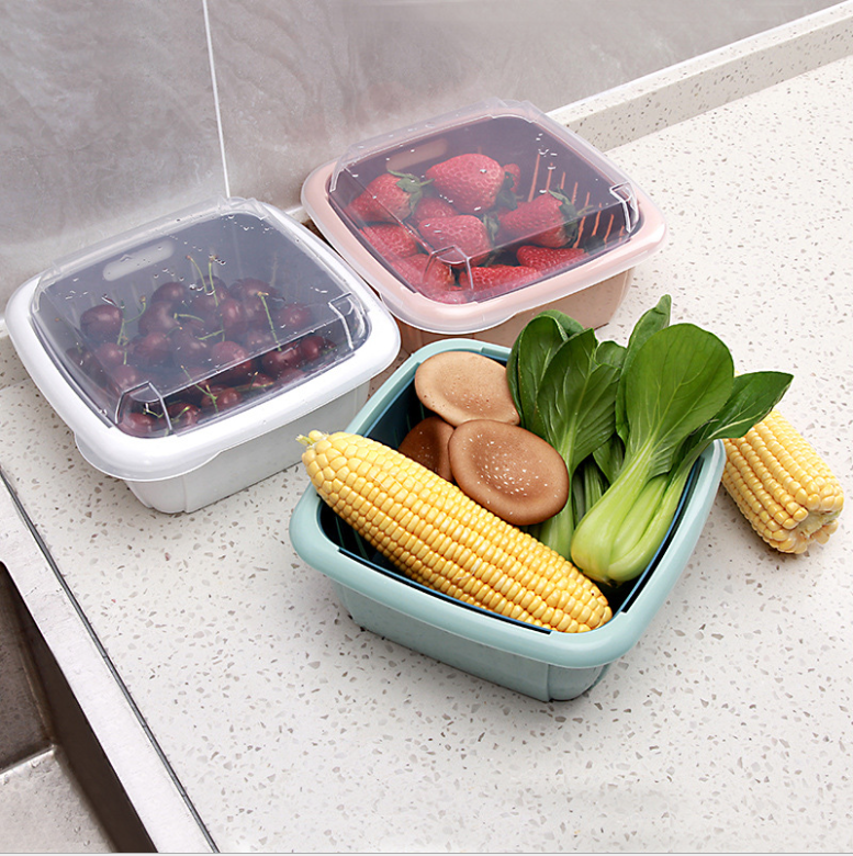 T Creative Versatile Double Layer Drain Basket Plastic Fruit Intake Basket With Lid Kitchen Fridge Drain Refreshing box