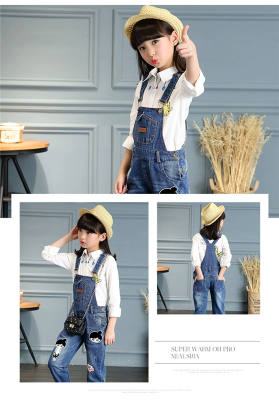 Quần yếm denim cho bé xuân 2017 mới 7 trẻ 9 phù hợp với 10 bé lớn bé gái 8 quần 11-12 tuổi