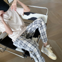 surblue long legs vintage apricot black plaid pants wide legs Korean version of Wild loose straight drumbed casual pants