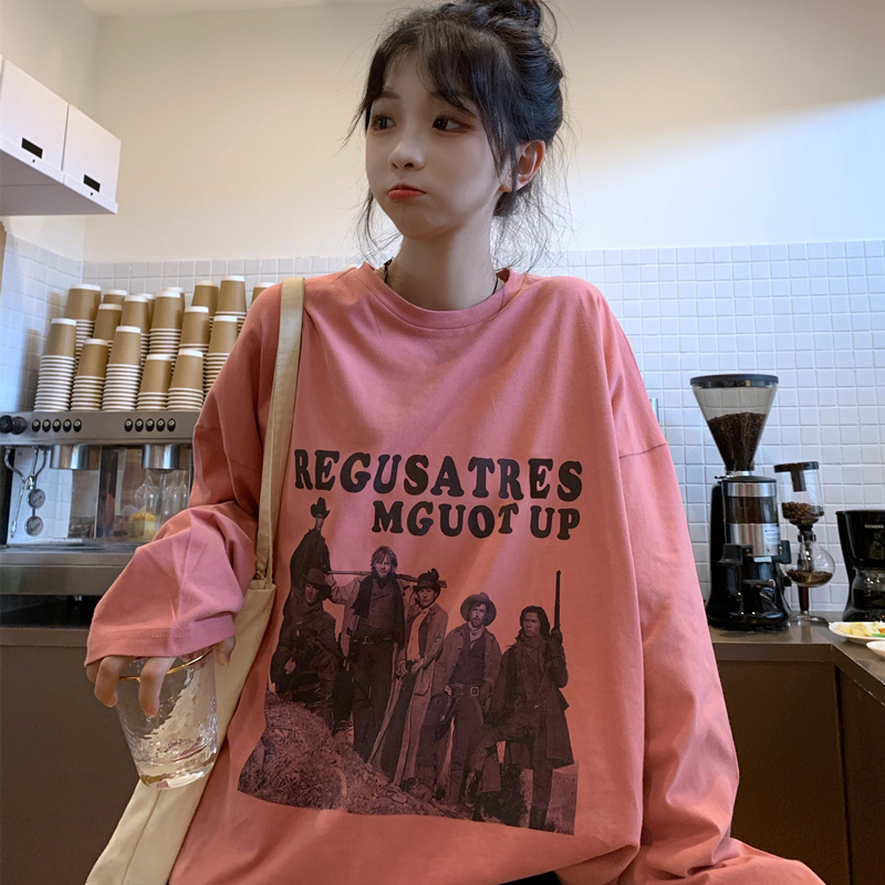 Korean round neck cartoon print character letters thin long sleeve T-shirt girl 6535 fish scale