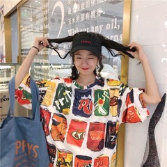 Real photo 2021 new summer cartoon print loose medium length net red half sleeve T-skirt