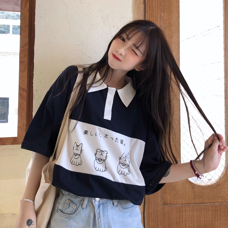 2020 Girls's T-shirts Tops Japanese Kawaii Ulzzang Lazy Faculty Cat Print Free T-shirt Feminine Korean Harajuku Garments For Girls 8