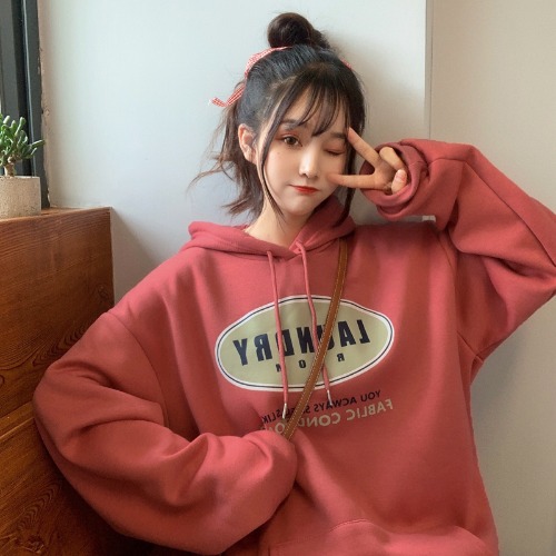 Real photo of 2021 spring dress new simple print letter hooded loose solid color pocket thin sweater woman