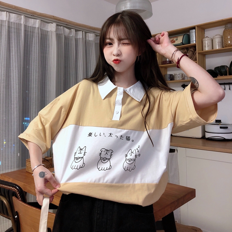 2020 Girls's T-shirts Tops Japanese Kawaii Ulzzang Lazy Faculty Cat Print Free T-shirt Feminine Korean Harajuku Garments For Girls 18