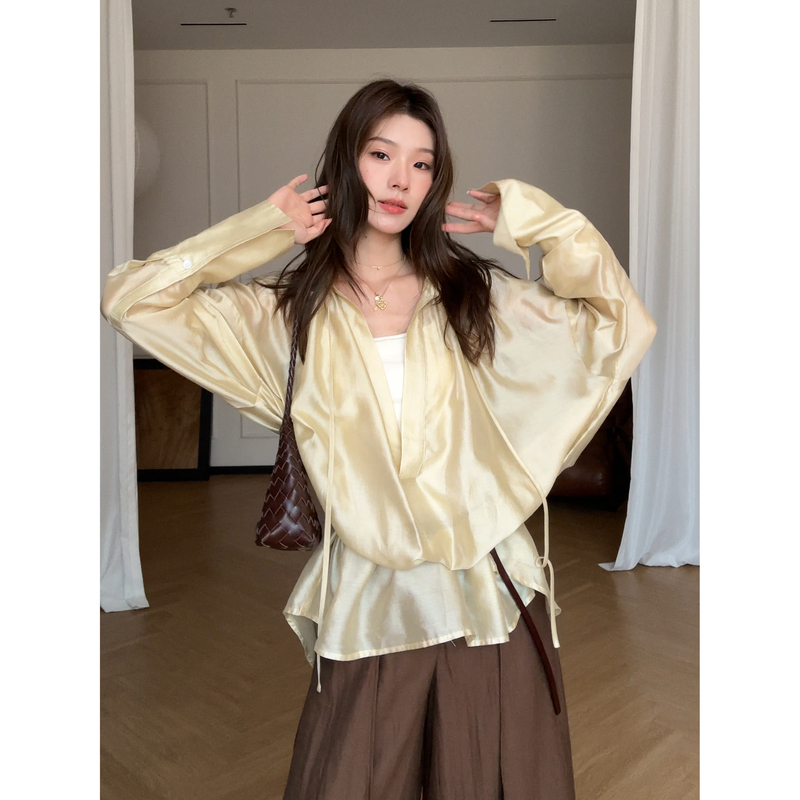 Aveline New Summer Style Loose Long-Sleeved Lazy Lace-Up Short Lyocell Tencel Shirt for Women