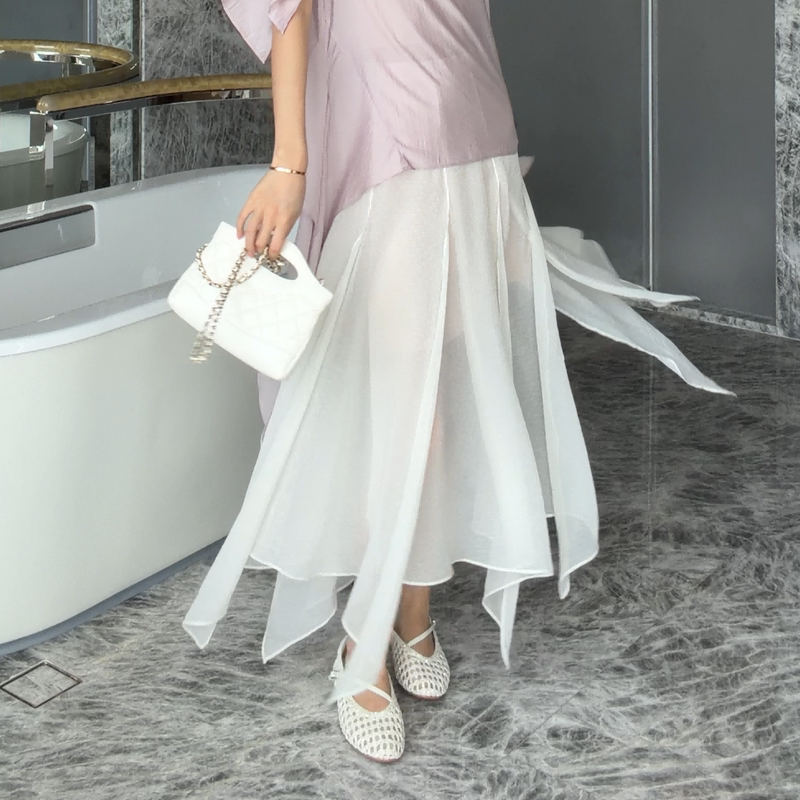Aveline New Summer Style Spliced High-Waisted Mid-Length Skirt White Slightly See-Through Flowing Skirt for Women