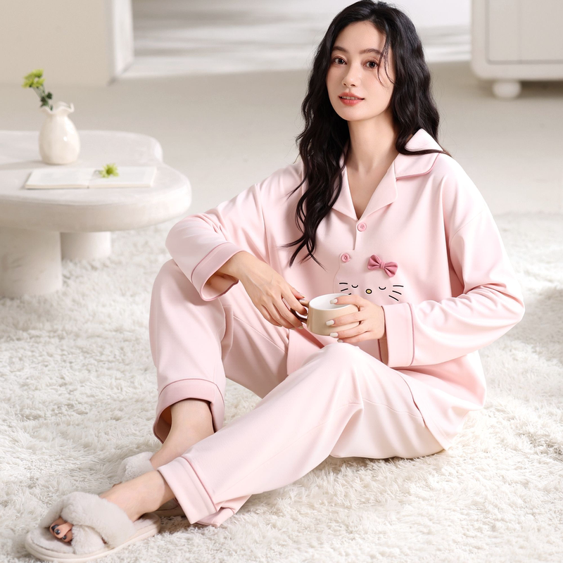 [Pink Cat Cat] Designer Style Women's Pure Cotton Pink Cardigan Long-Sleeved Long Pants Pajama Set Home Wear