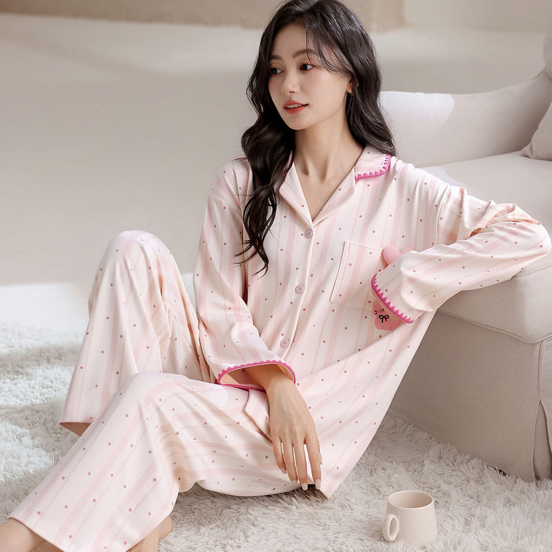 【Shanghai Sweetheart】Pink Heart-Shaped Vertical Striped Polka Dot Simple Pure Cotton Slim-Fit Women's Pajamas Cat-Themed Loungewear