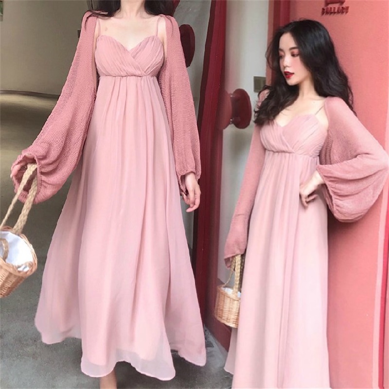 Pregnant women summer suits go out fashion models 2020 new Korean version of the long section of the super fairy dress net red two-piece suit