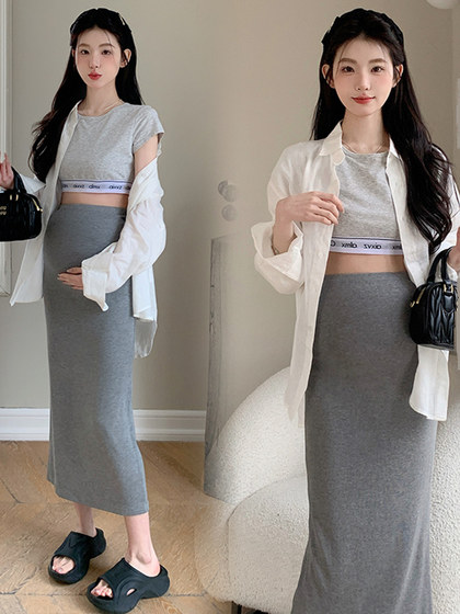 孕妇装夏装新款设计感辣妈短T+半身裙防晒衬衣高腰显瘦孕妈三件套