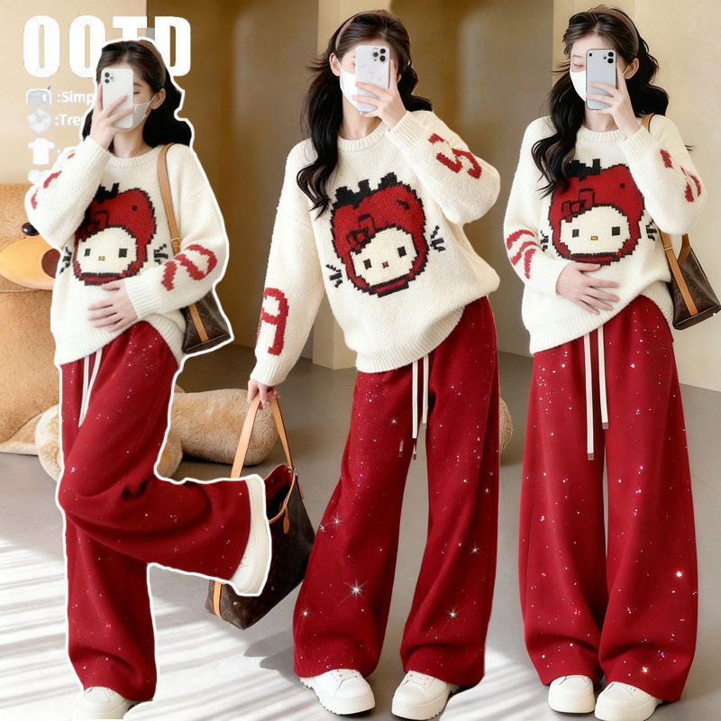 Maternity Outfit Set with Cool Cartoon Cat Sweater, Age-Reducing Style for Petite Pregnant Women, New Trendy Red Pants