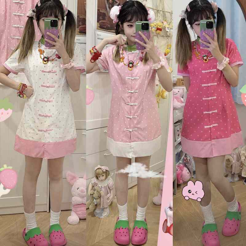 Strawberry Polka Dot Buttoned Chinese-Style Dress with Lace Short Sleeves, Multi-Color, Cute and Adorable for Strawberry Lovers Strawberry Polka Dot Buttoned Chinese-Style Dress with Lace Short Sleeves, Multi-Color, Cute and Adorable for Strawberry Lovers