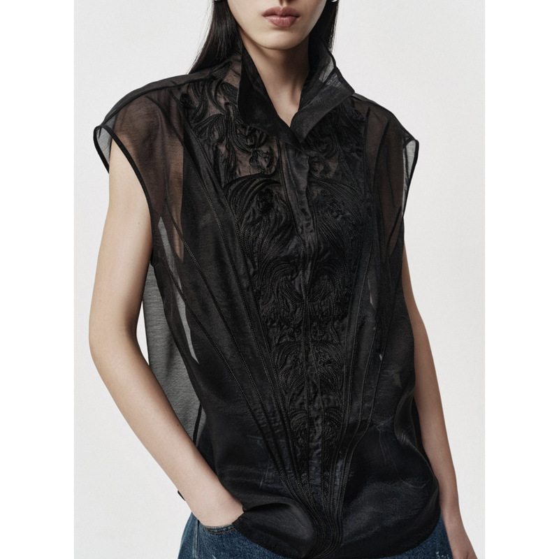 Sleeveless Shirt for Women, 2026 Spring and Autumn New Style, White Versatile Base Layer, Sheer Embroidered Top