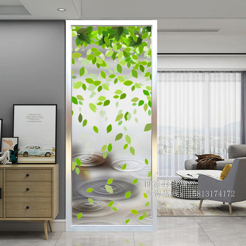 Modern Art Glass Painting Double Sided Partition Screen Xuanguan Living Room Background Frosted Light Transmission Light Luxury Little Fresh Green Leaves