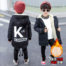 Boys denim coat autumn and winter models for big childrens coat long tide 2021 plus velvet padded children Korean windbreaker
