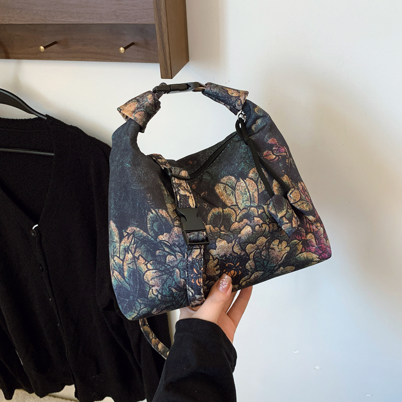 Fashionable Bamboo Leaf Underarm Bag, Chinese-Style Simple Casual Small Square Bag, Printed Handbag, Crossbody Bag, Fashionable Simple Dumpling Bag