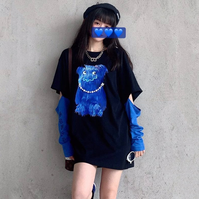 BoBo niche brand autumn new pearl refining sunscreen sleeve drills letter Klein blue small monster print T-shirt