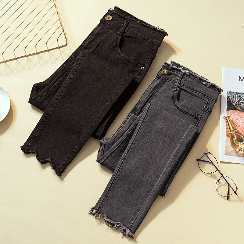 Plus fat plus size women's smoke gray jeans autumn high waist tight fat mm200 catties high elastic cigarette pants