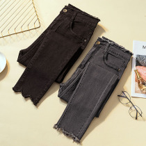 Add Fat overweight dress Cigarette Ash Color Jeans Fall High Waist Tight Body Weight mm200 Catty High Elastic Small Foot Pants