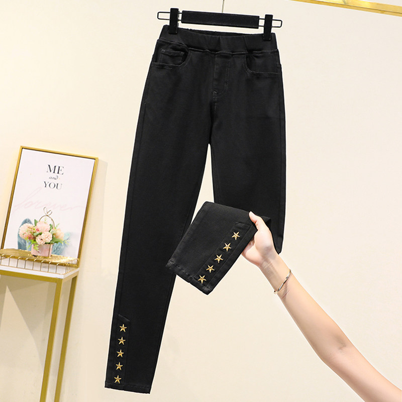 Large size women's autumn clothes 2020 new elastic black tights are thin and fat mm200 jins small feet denim trousers