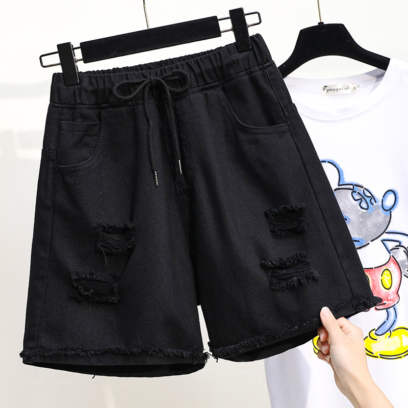 Large size women's summer clothes 2022 new loose and thin 5 five-point pants fat sister mm wide-leg ripped denim shorts