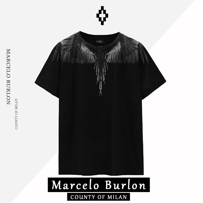 Authentic Marcelo Burlon Mb Classic Dark Short-Sleeve T-Shirt for Men and Women, Loose Fit, Summer Trend