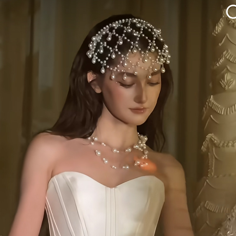 European and American retro half-face hair accessory mesh pearl headband wedding party versatile white pearl headband for women