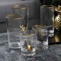 So kitchen ins Wind gold edge vertical grain glass water Cup Japanese striped household tea cup large capacity high value Cup