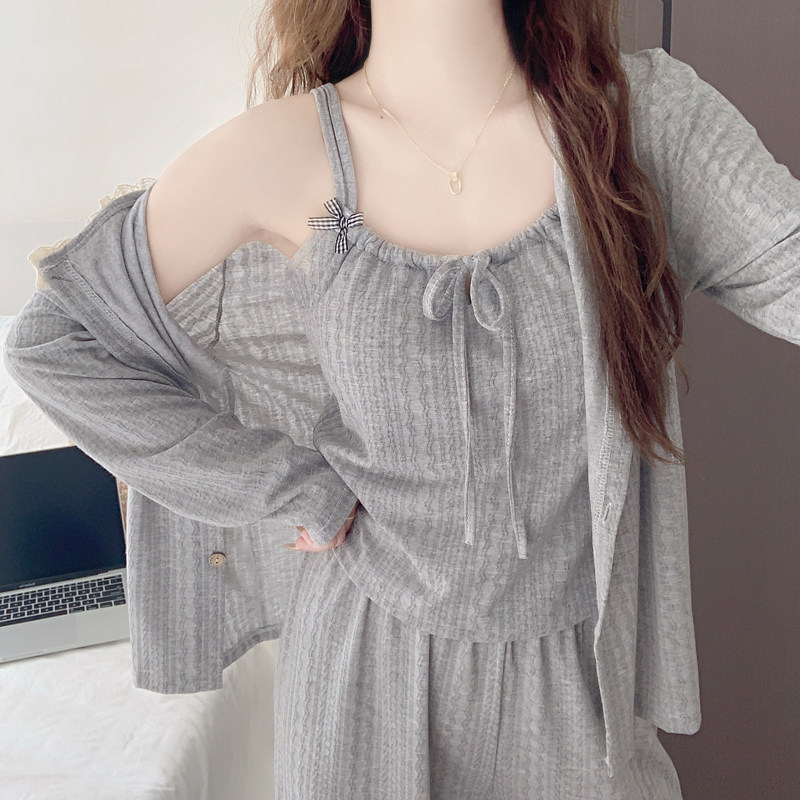 Pajamas with Breast Pads for Women, Summer Pure Cotton, 2026 New Style, Suspender Cardigan Style, High-End Home Wear Three-Piece Set